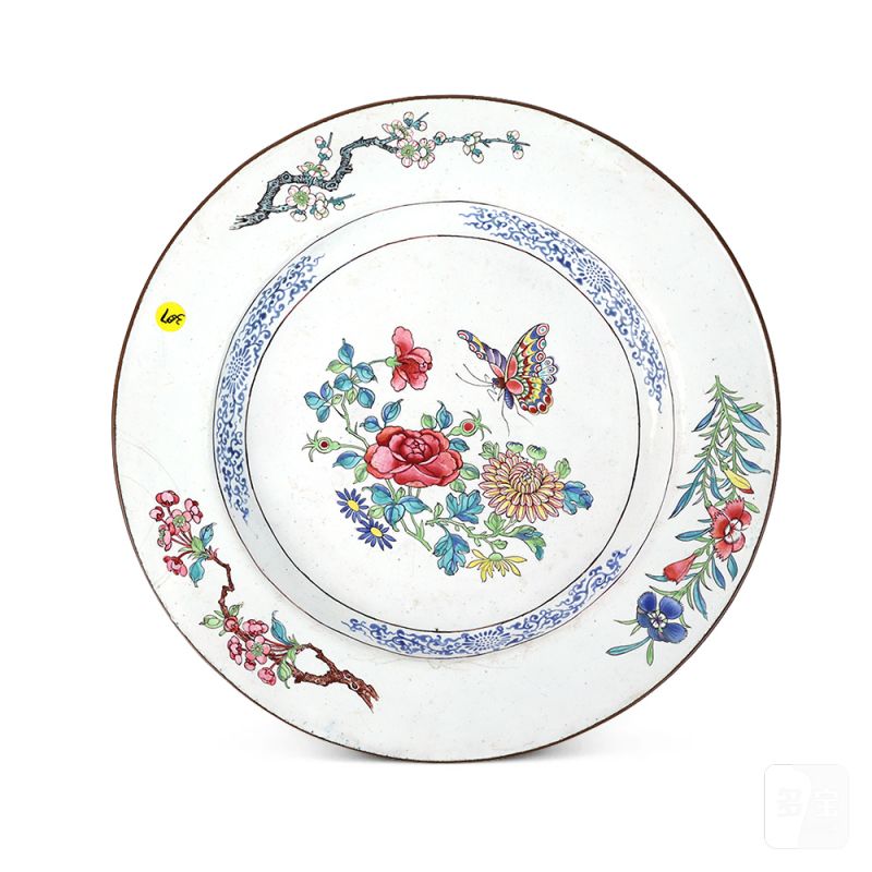 清雍正 铜胎画珐琅花蝶纹折沿盘